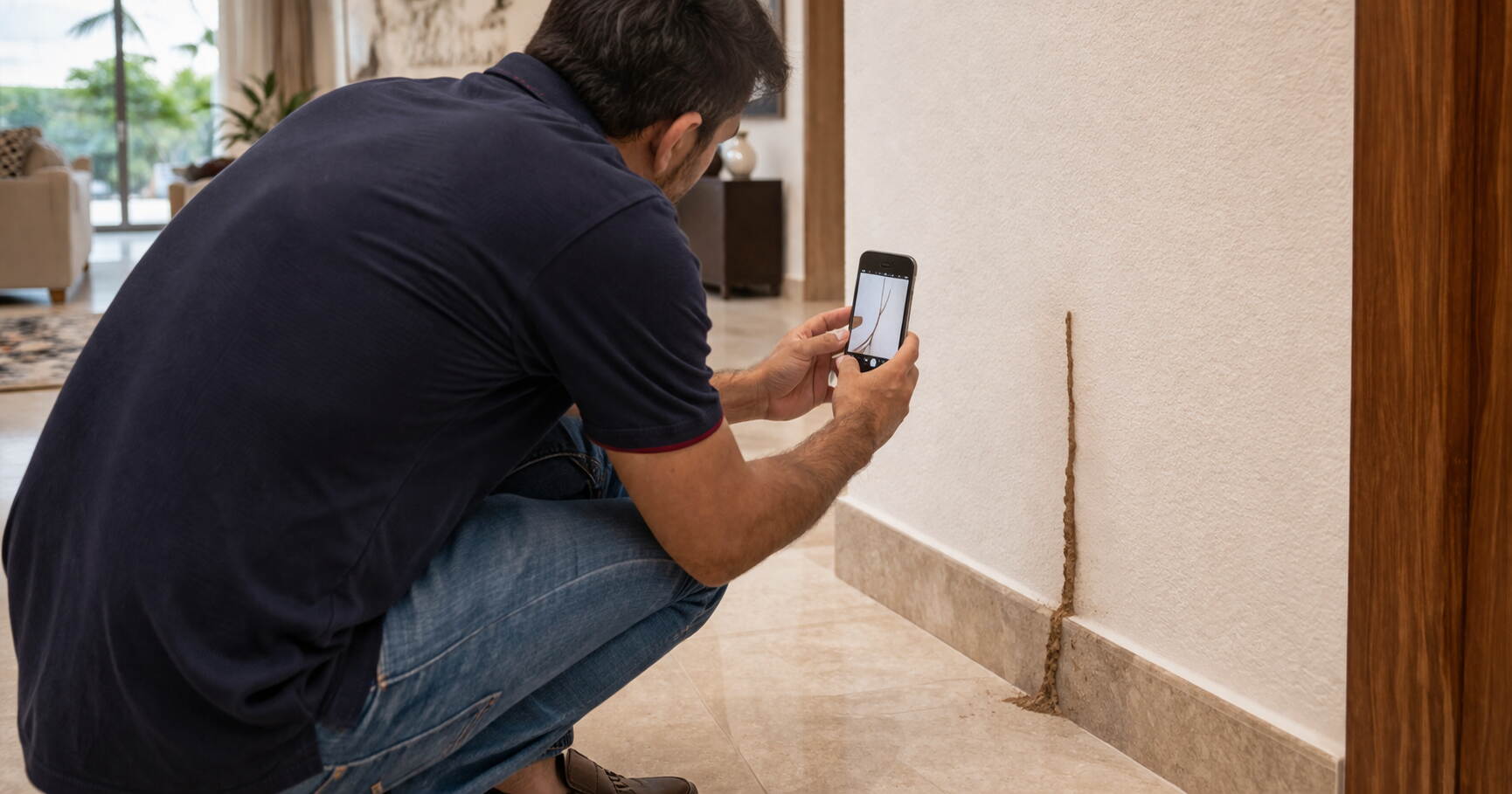 Homeowner crouching to photograph a termite mud tube at the base of an interior wall in a Dubai villa with their smartphone