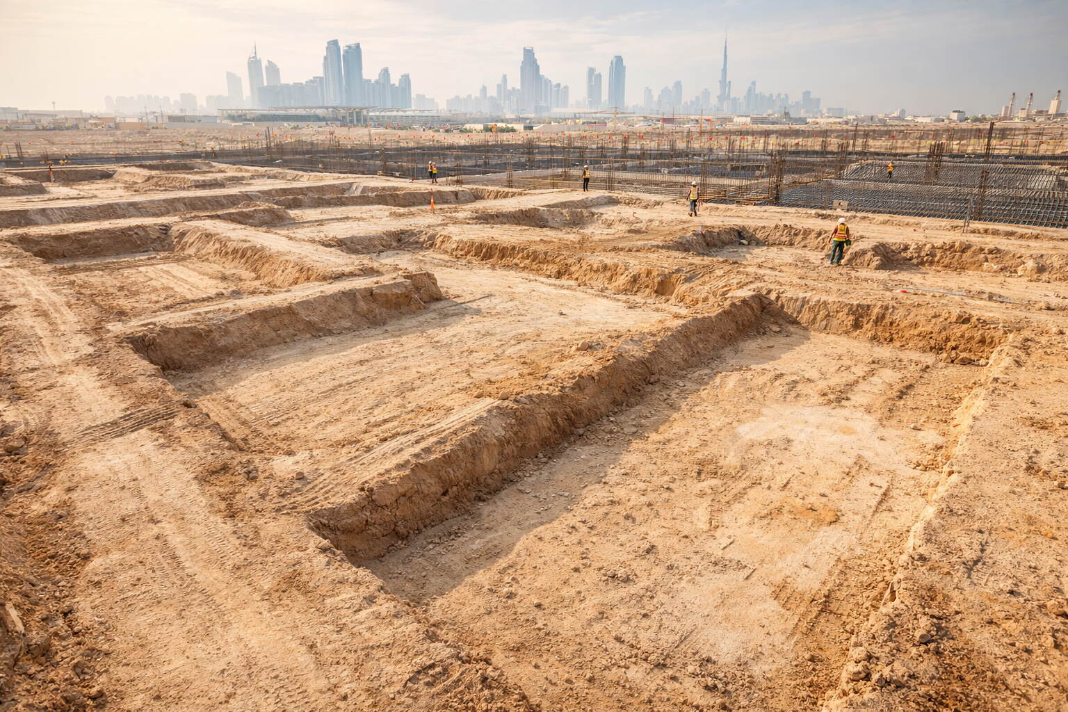 Pre-construction anti-termite soil treatment at a Dubai construction site before slab pour