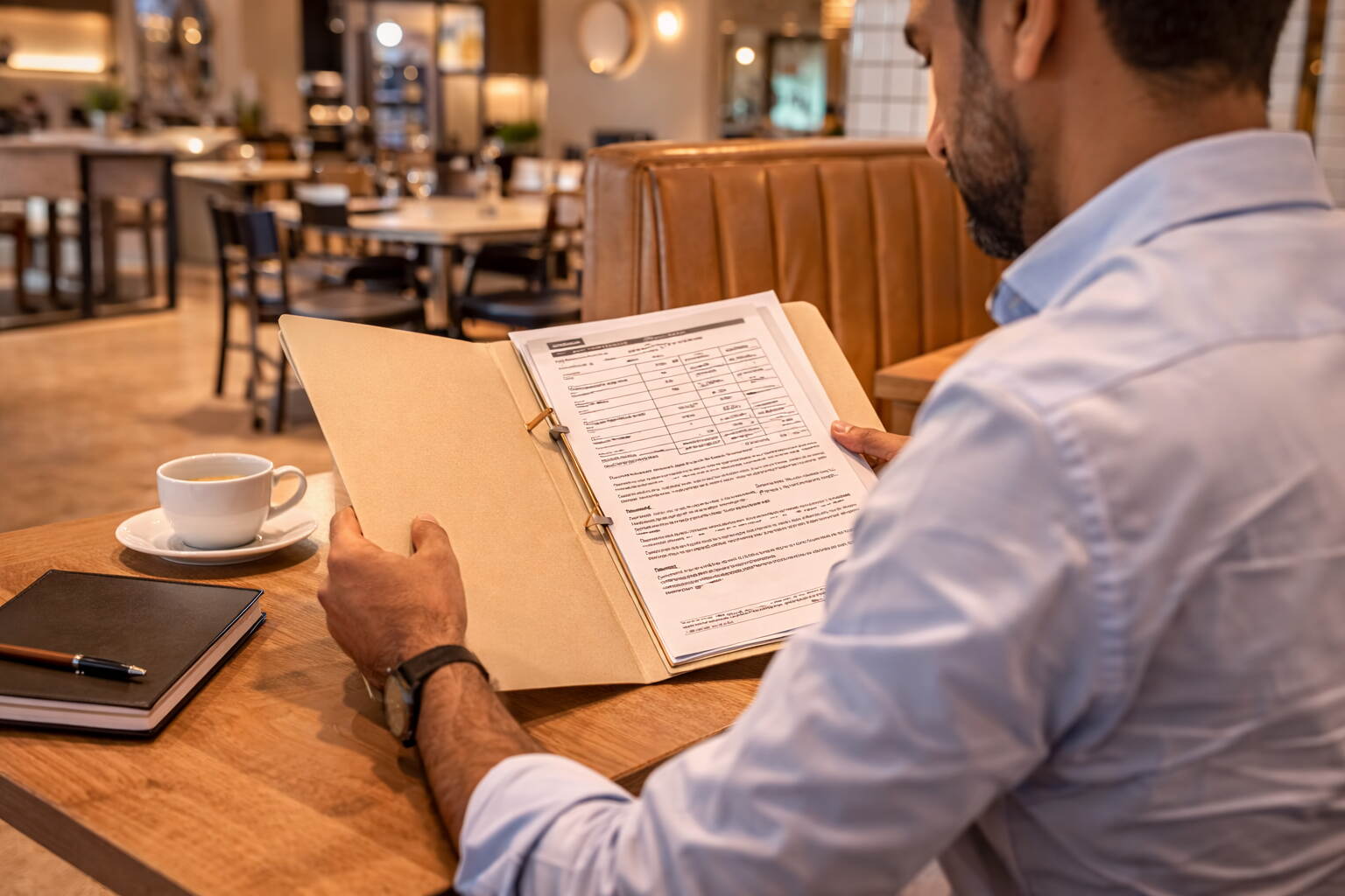 Restaurant owner reviewing pest control compliance documentation folder at a table in a Dubai restaurant