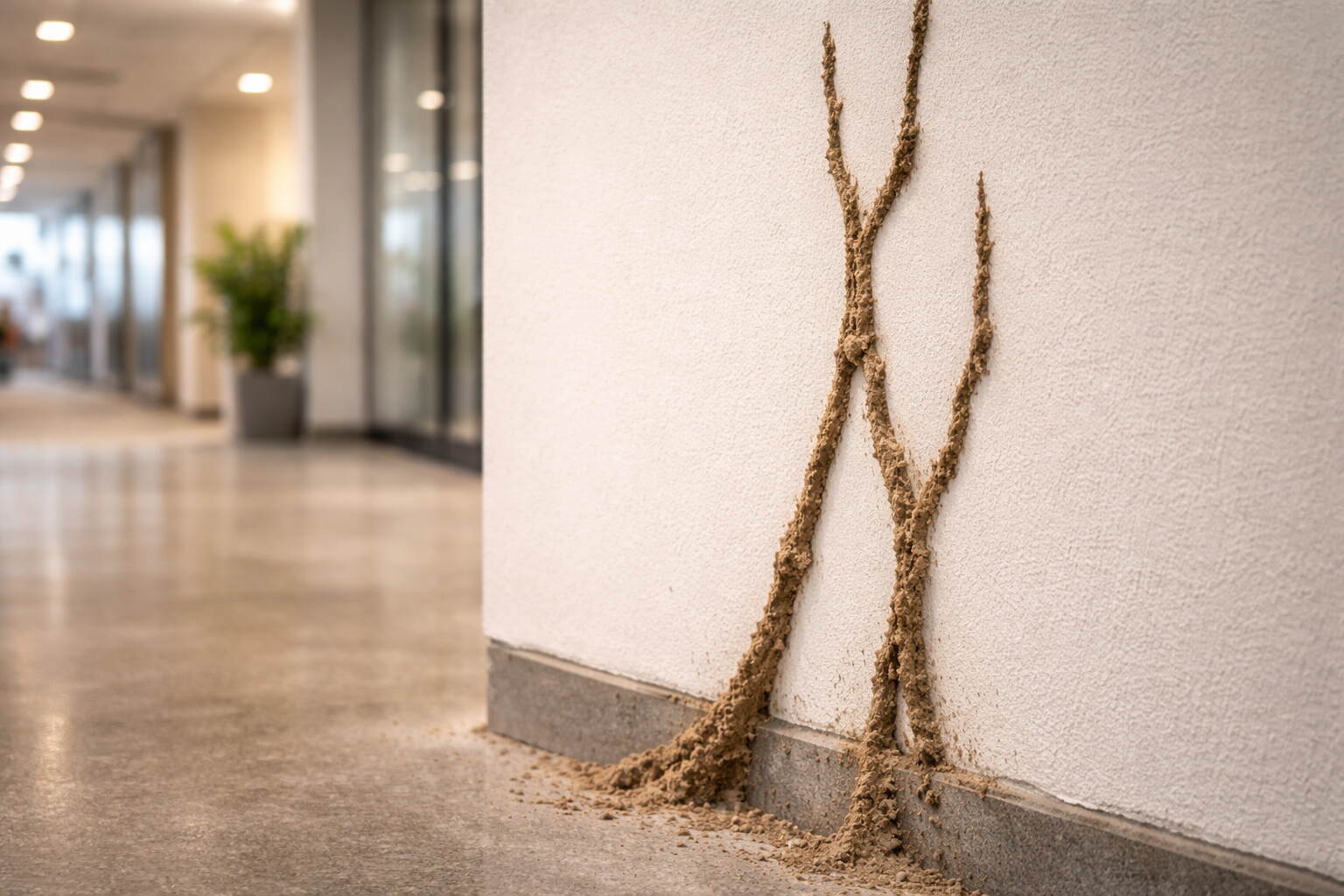Signs of termite damage in a commercial building UAE — mud tubes visible on an interior office wall