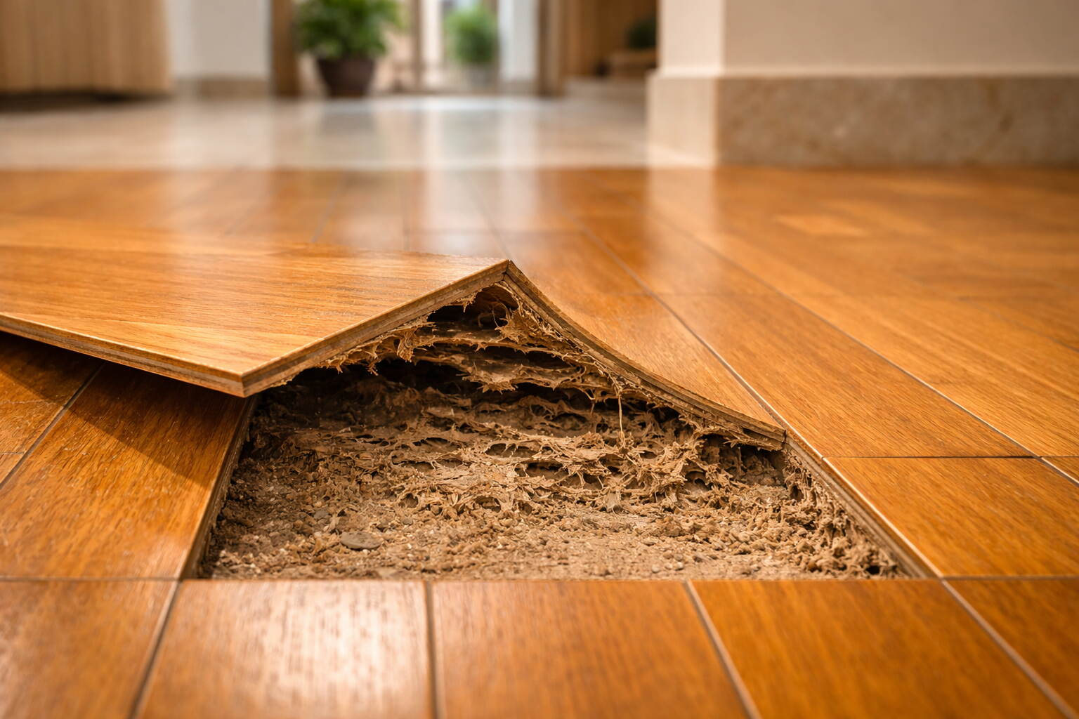 Termite damage to parquet flooring in a Dubai villa — lifted tile revealing hollow cavity and thin brittle damaged wood beneath