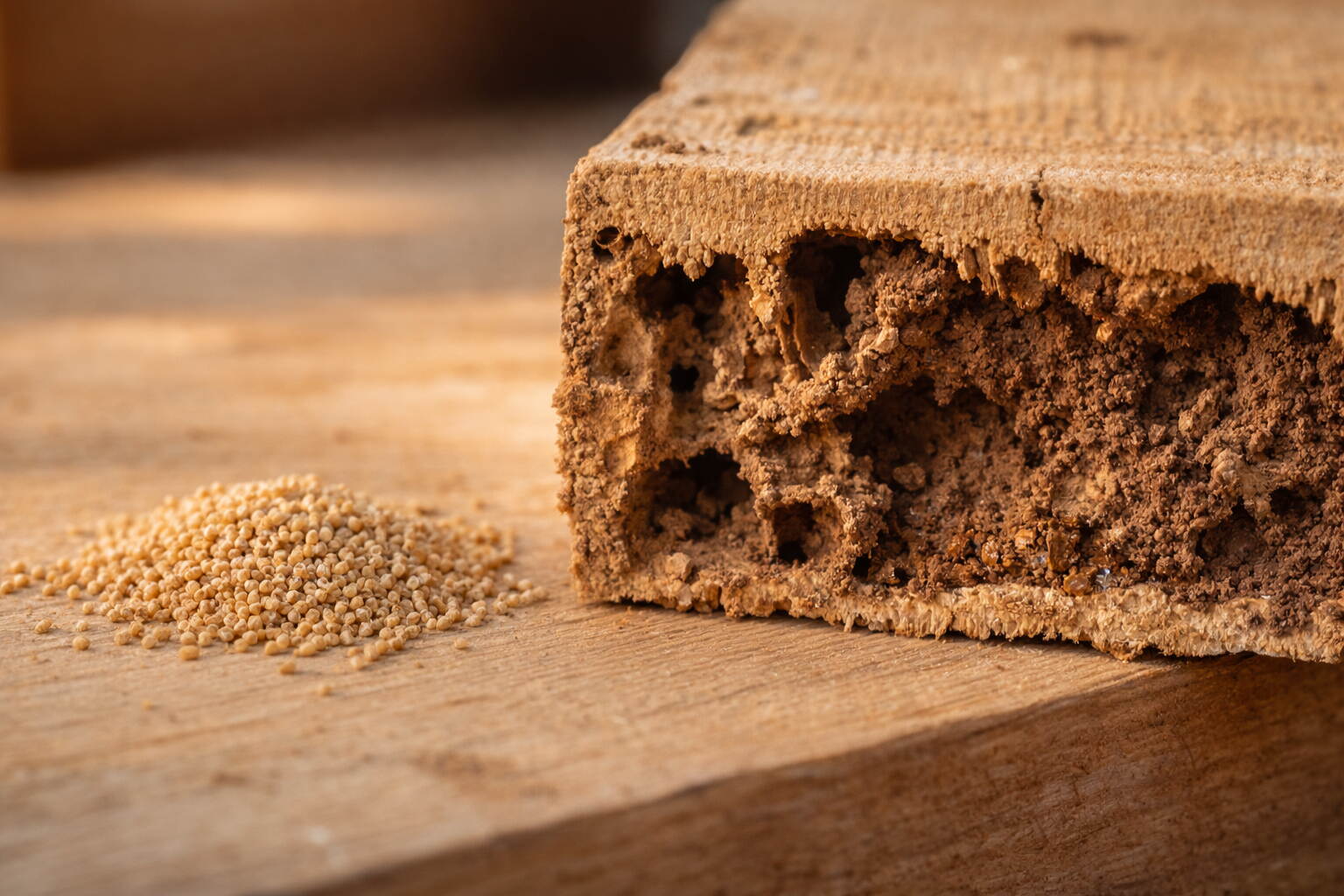 Drywood termite frass pellets on a wooden surface next to a piece of subterranean-damaged wood with mud-filled galleries — two types of termite damage UAE