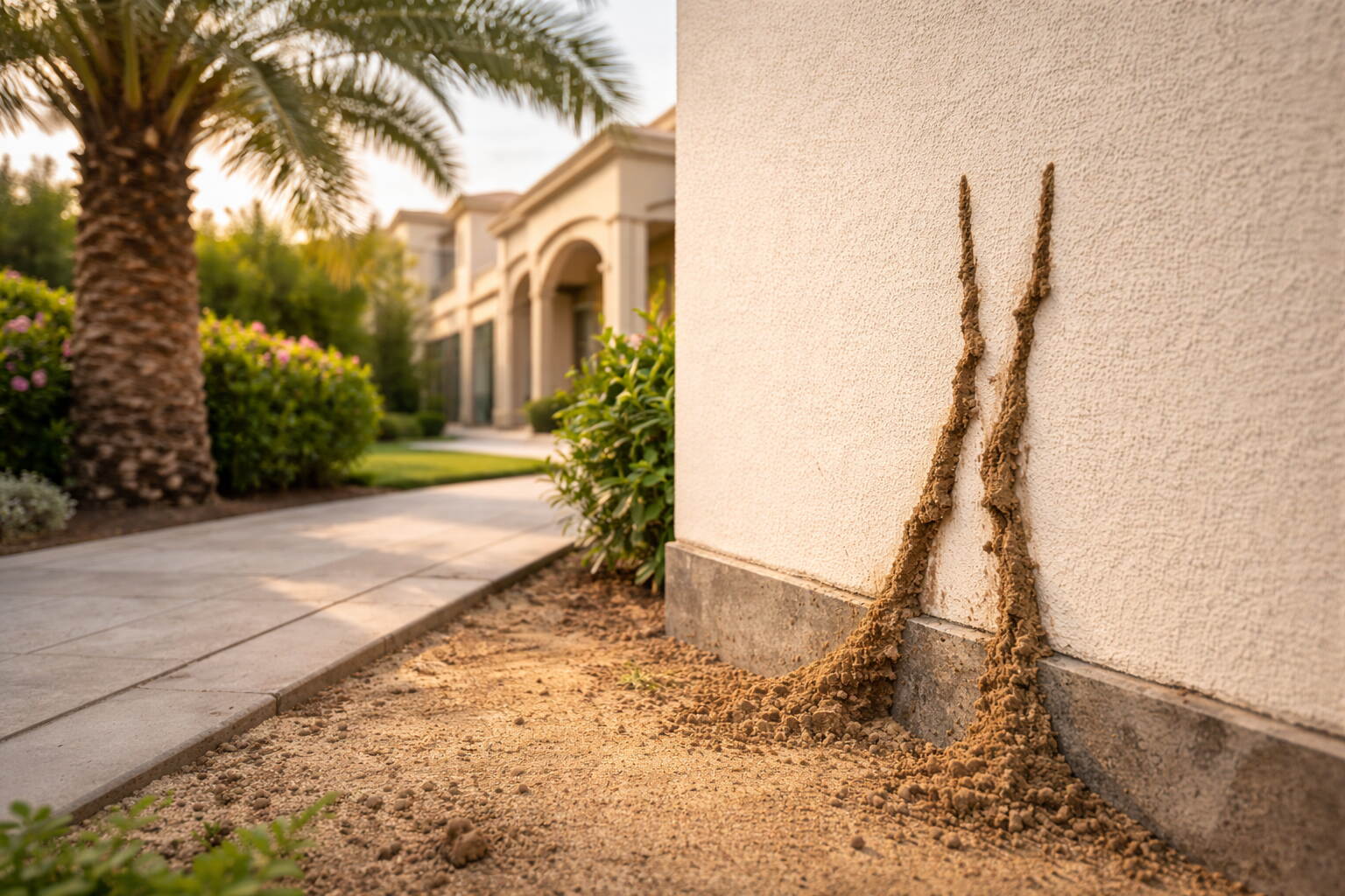 Termite signs Dubai villa — mud tubes visible at the base of a garden boundary wall in a Dubai villa compound