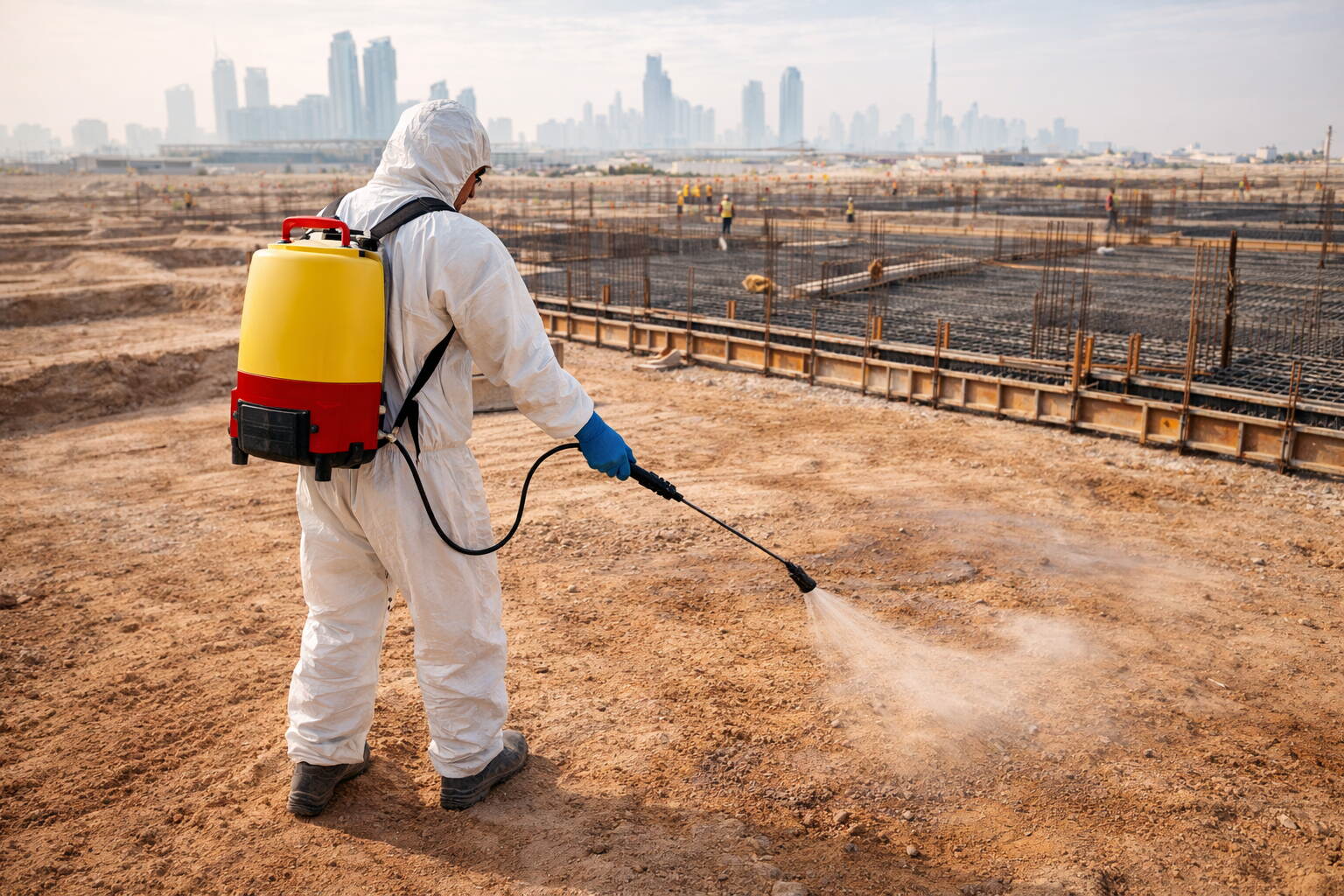 Pest control technician applying termiticide to bare soil at a Dubai construction site before slab pour