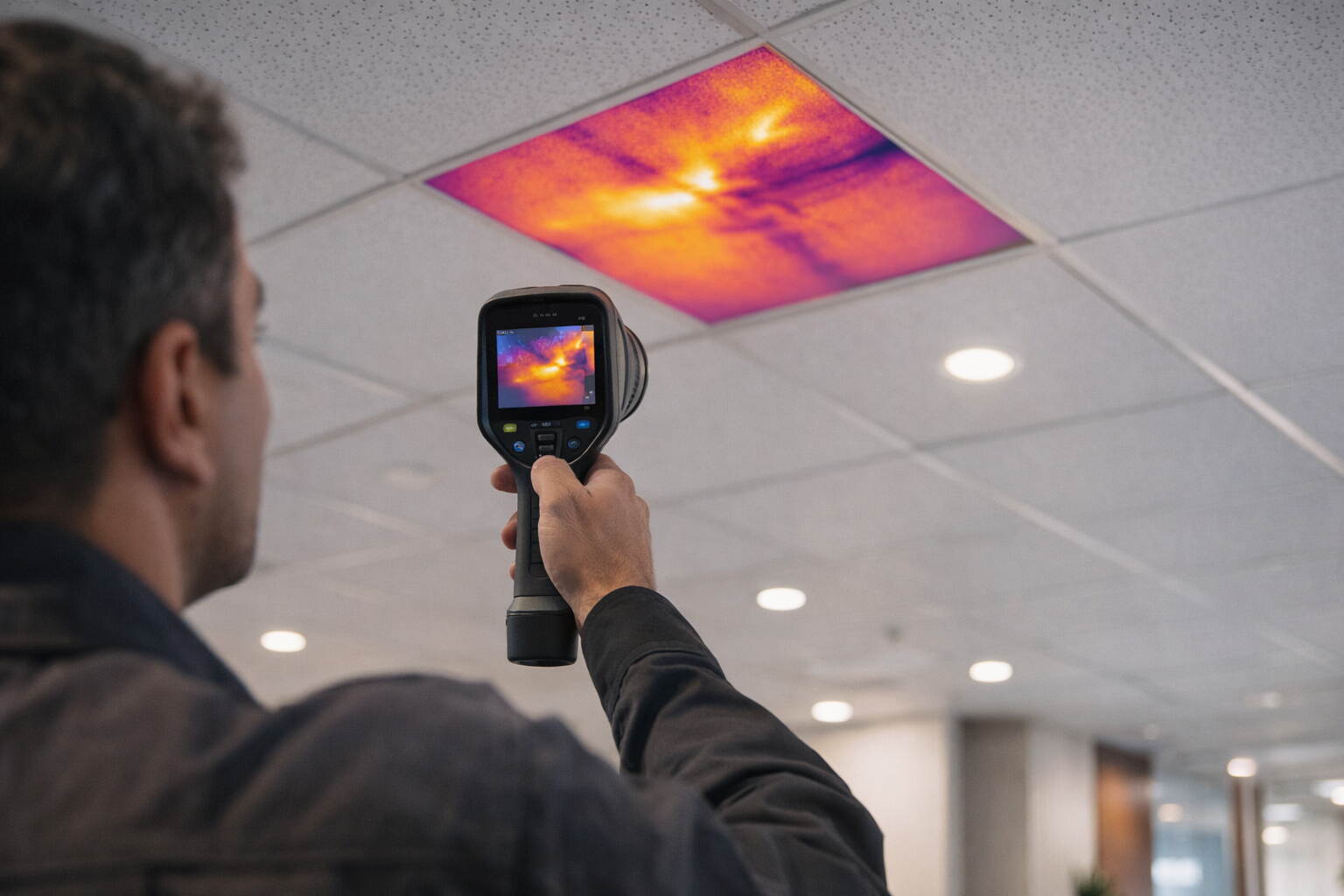 Pest control specialist using a thermal imaging camera to detect hidden termite activity behind a suspended ceiling panel in a Dubai commercial building